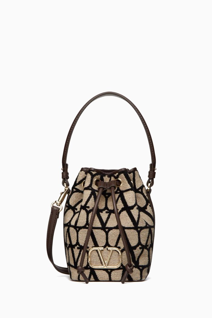 

Valentino Garavani Mini VLOGO Signature Toile Iconographe Bucket Bag in Canvas, Brown