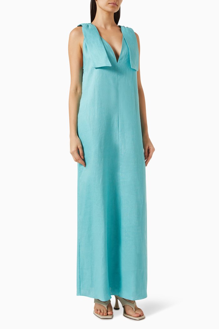 

V-neck Strap Maxi Dress in Linen, Blue