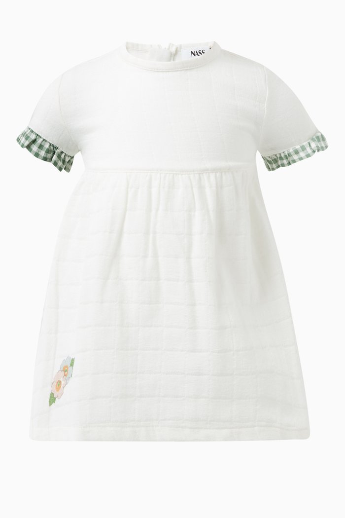 Check Print Cuffs Dress in Cotton, White
