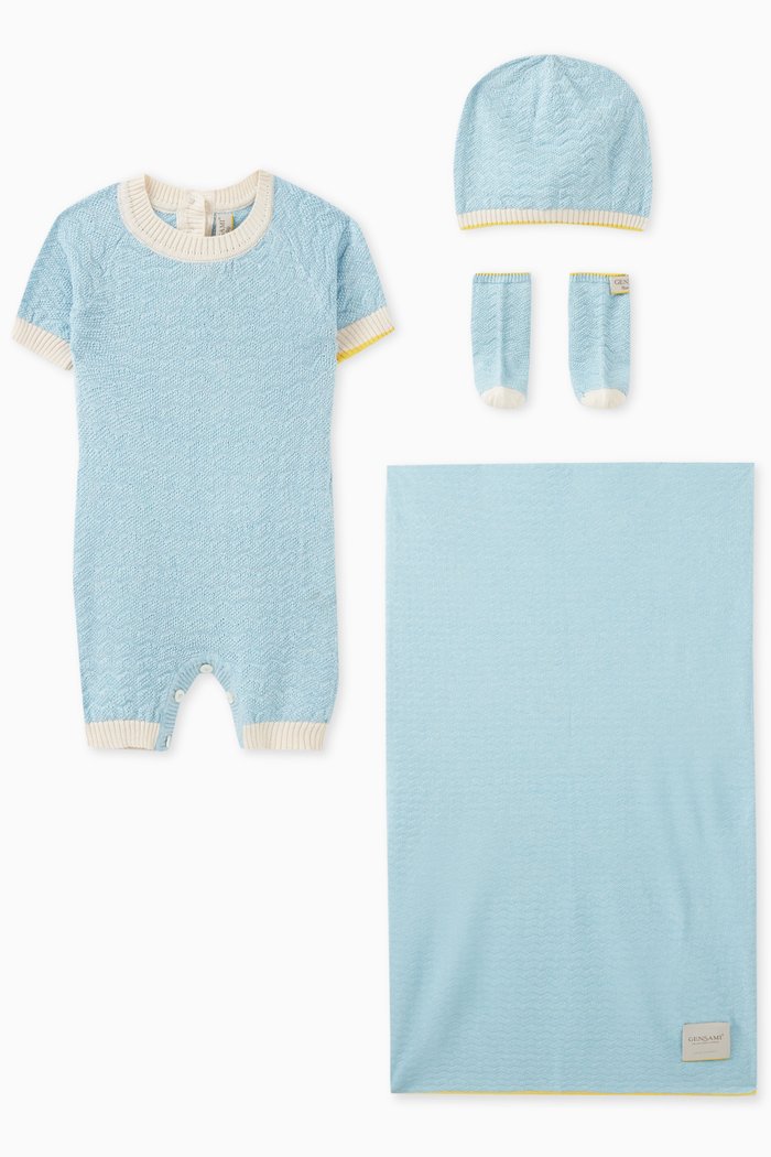 

Wave-knit Romper Set in Silk-cotton, Blue
