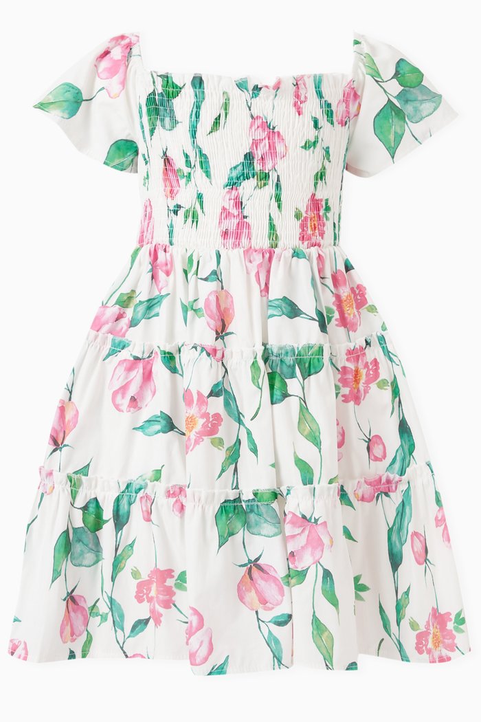

Floral-print Smocked Dress, White