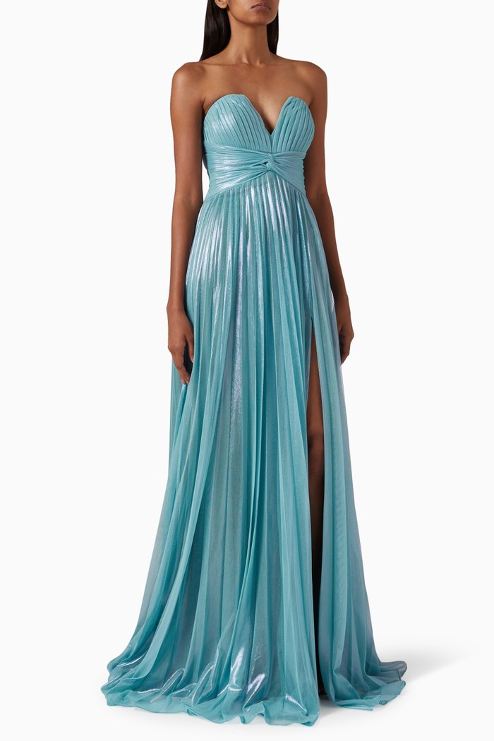 

Pleated Strapless Gown, Blue