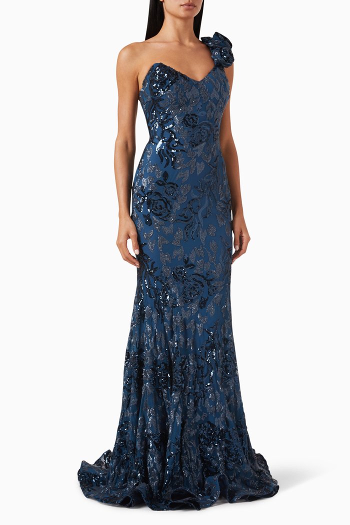 

Sequin Embellished One Shoulder Gown in Lace, Blue