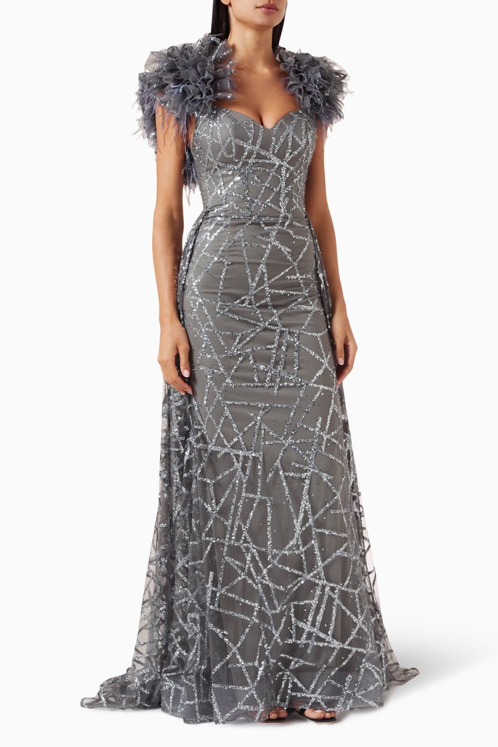 

Ruffle Gown in Glitter Tulle, Silver