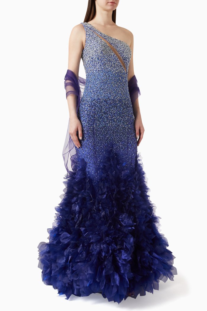 

One-shoulder Embellished Gown, Blue