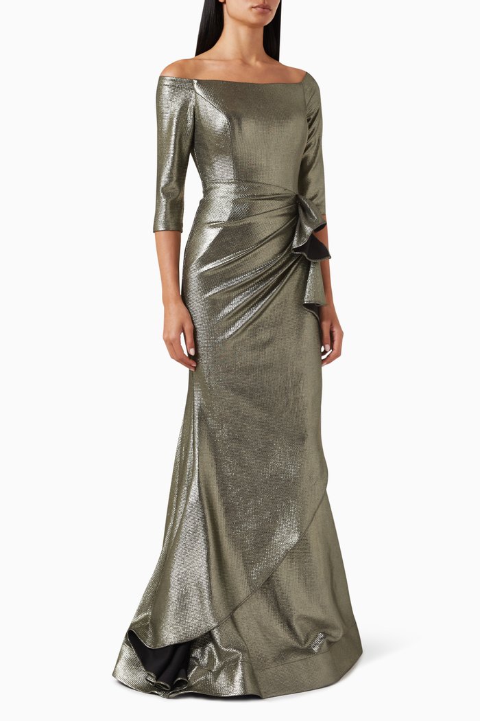 

Draped Off Shoulder Gown in Metallic Crepe, Silver