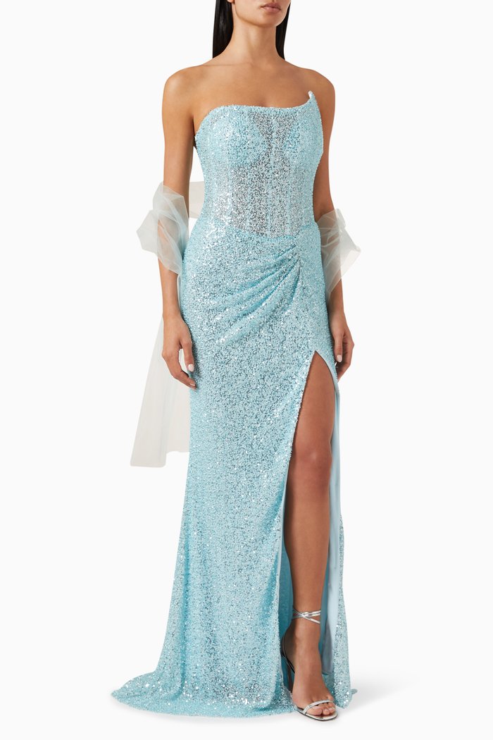 

Sequin-embellished Corset Gown in Tulle, Blue