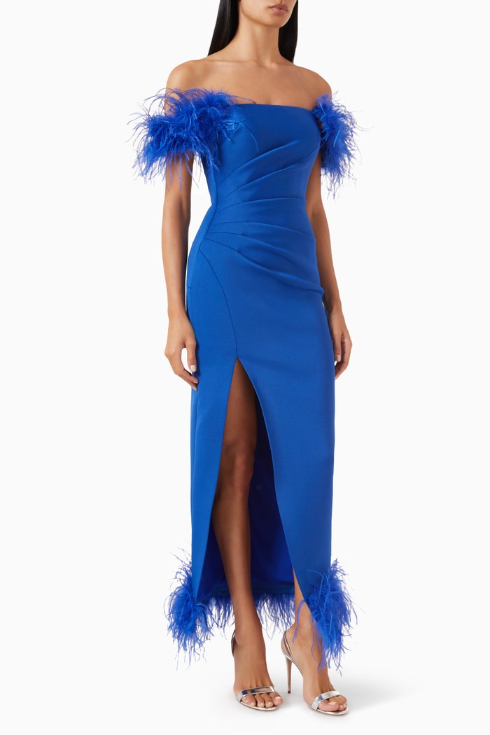 

Off-shoulder Feather-trim Gown, Blue