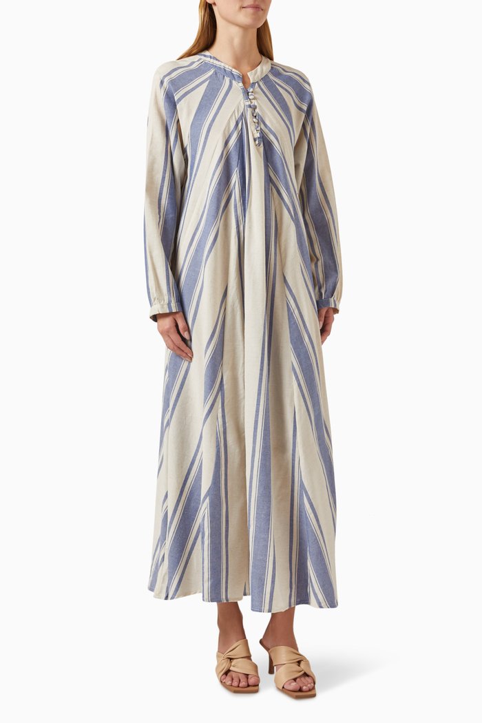 

Fiore Striped Maxi Dress in Linen Blend, Blue