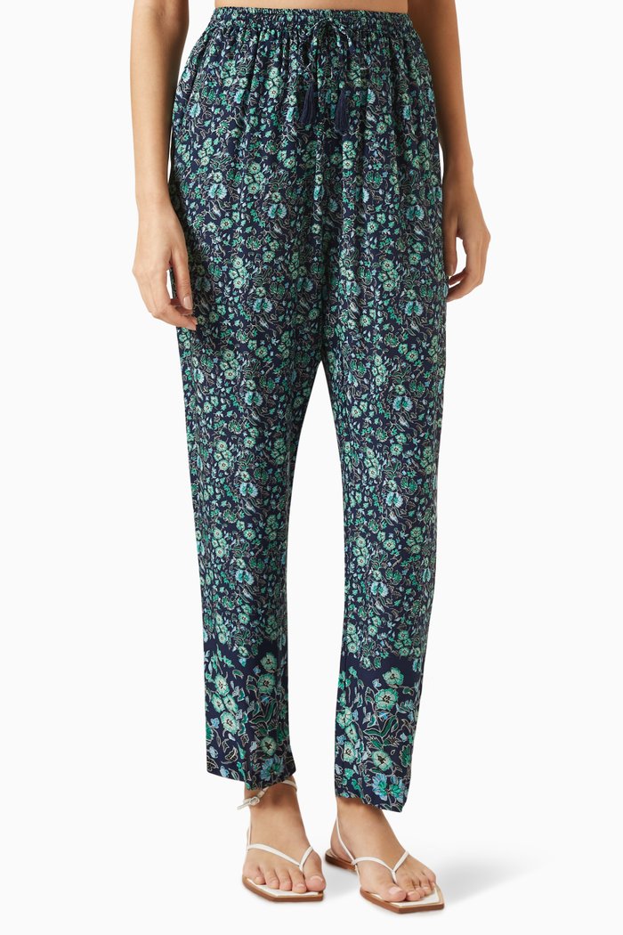 

Bianca Floral-print Pants in Rayon, Blue