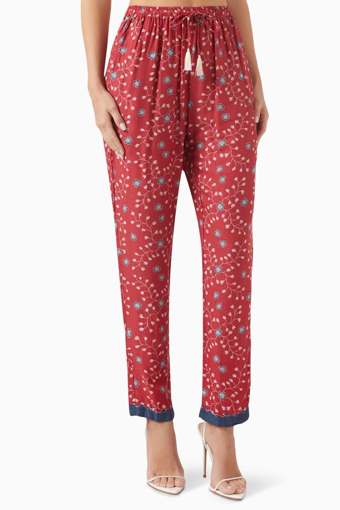 

Bianca Floral-print Pants in Rayon, Red
