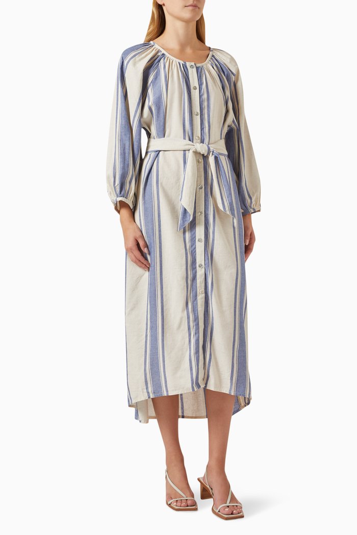 Alex Striped Midi Dress in Linen Blend, Blue
