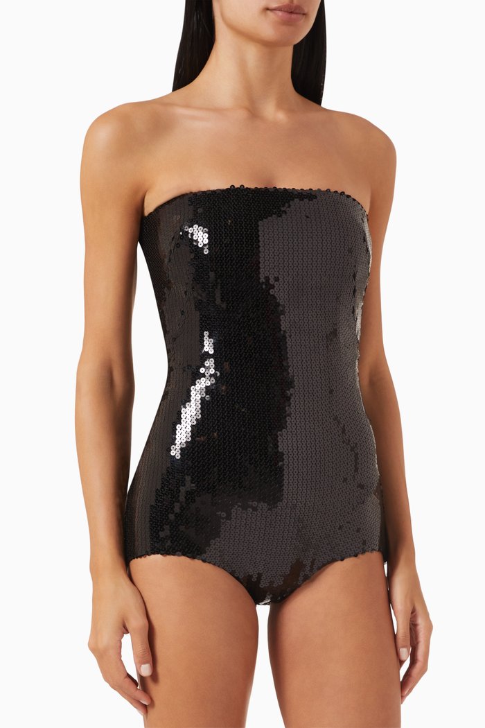

Sequinned Strapless Romper, Black