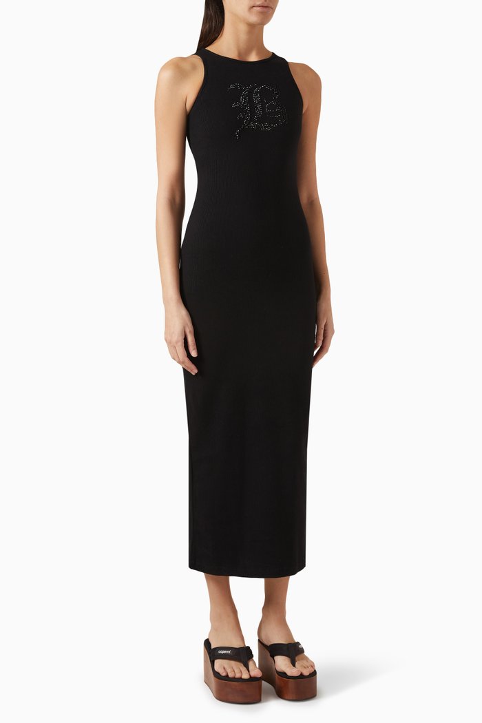 

Logo Rhinestone Midi Dress in Stretch-cotton, Black