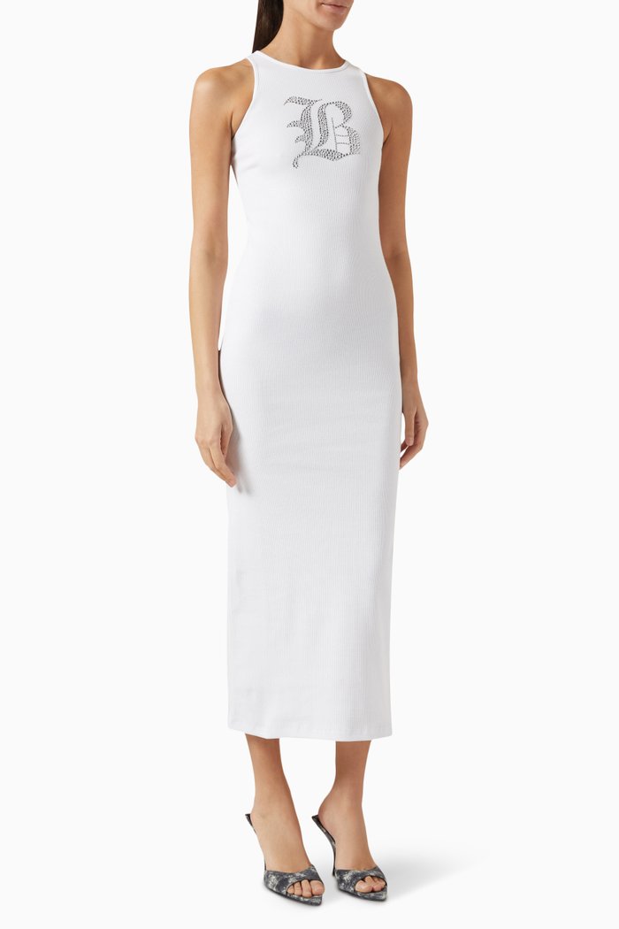

Logo Rhinestone Midi Dress in Stretch-cotton, White