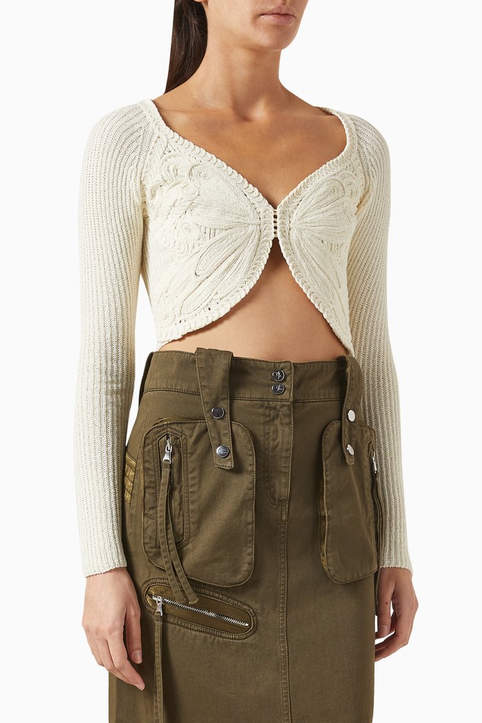 

Butterfly-embroidered Cropped Cardigan in Knit, Neutral