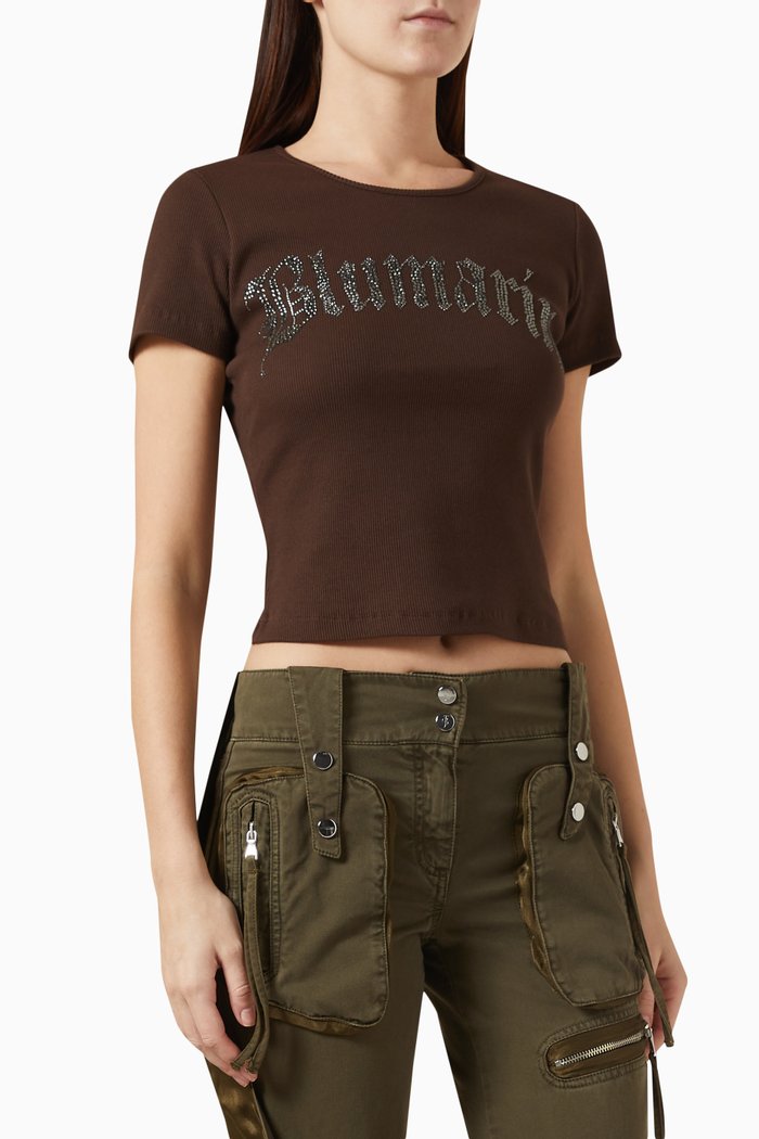 

Rhinestone Logo T-shirt in Stretch-cotton, Brown