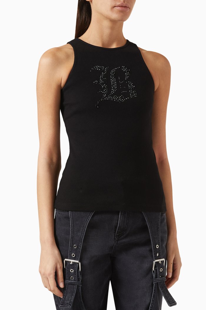 

Rhinestone Logo Tank Top in Stretch-cotton, Black