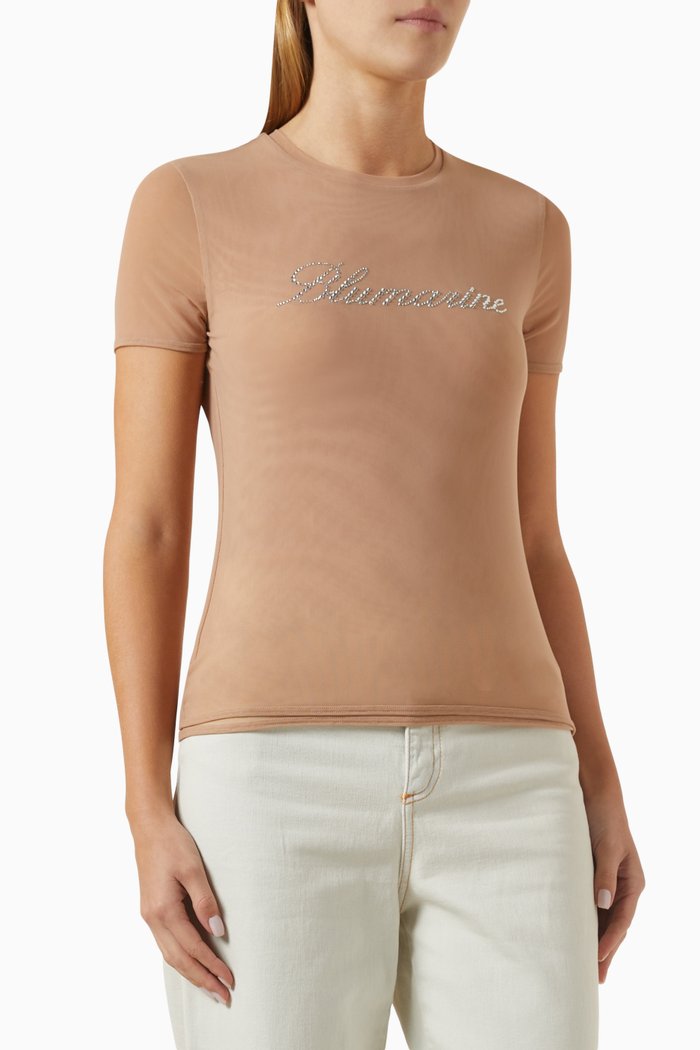 Logo Rhinestone T-shirt in Tulle, Neutral
