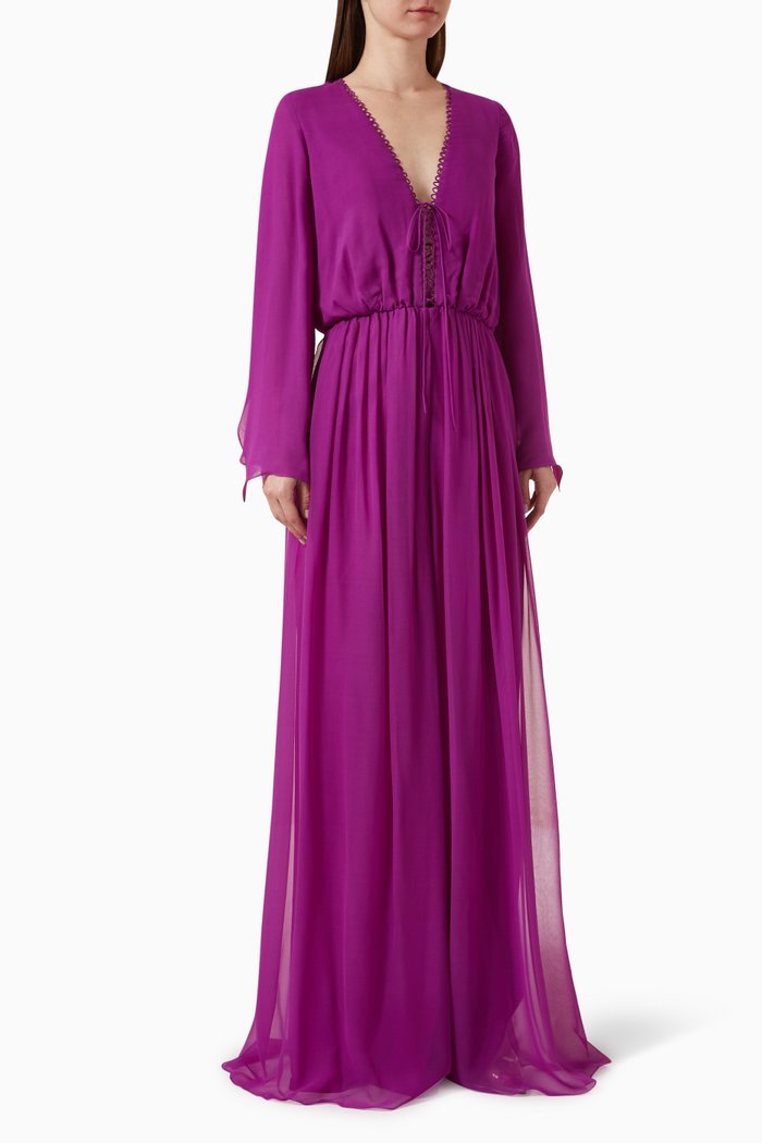 Chessa Lace-up Neckline Jumpsuit in Silk-Georgette, Purple