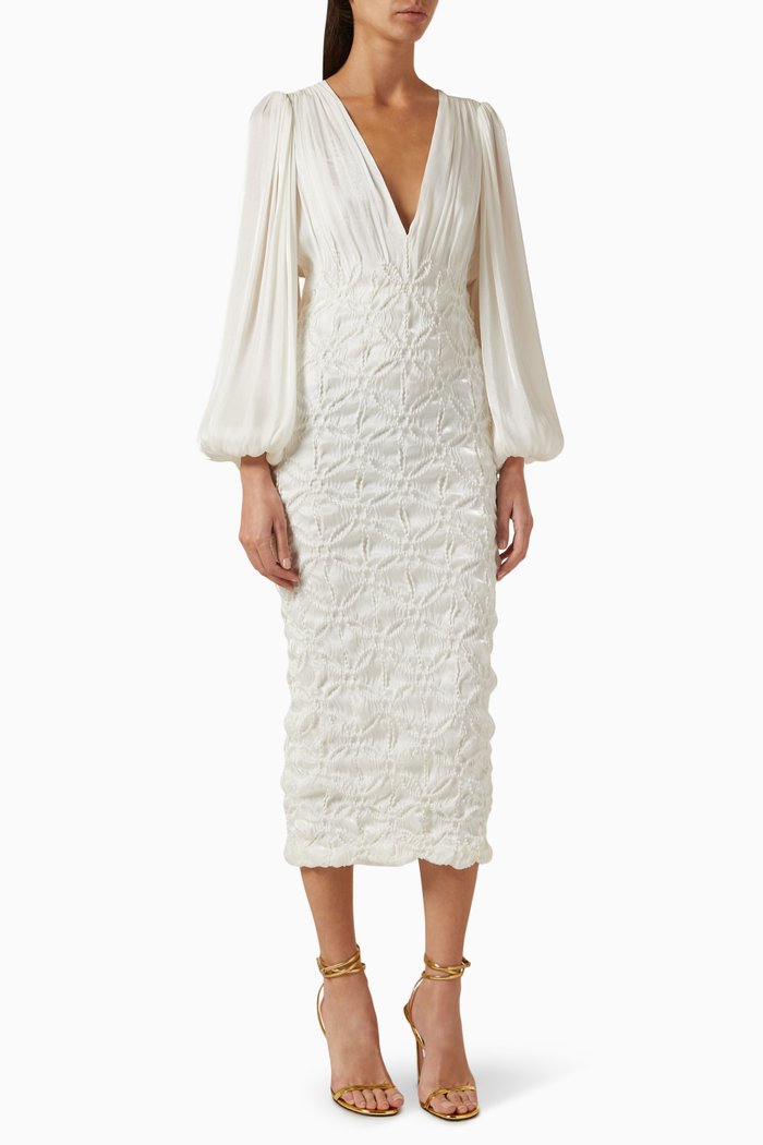 

V-neck Pencil Midi Dress in Georgette, Neutral