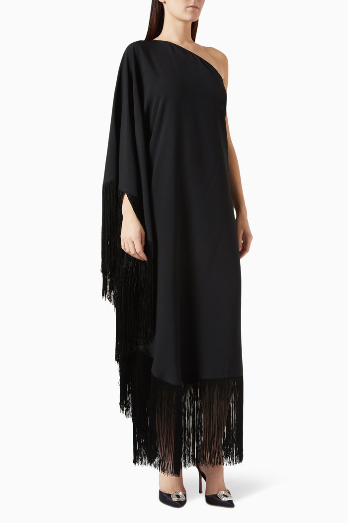 

Spritz Fringe Maxi Dress in Crepe Cady, Black