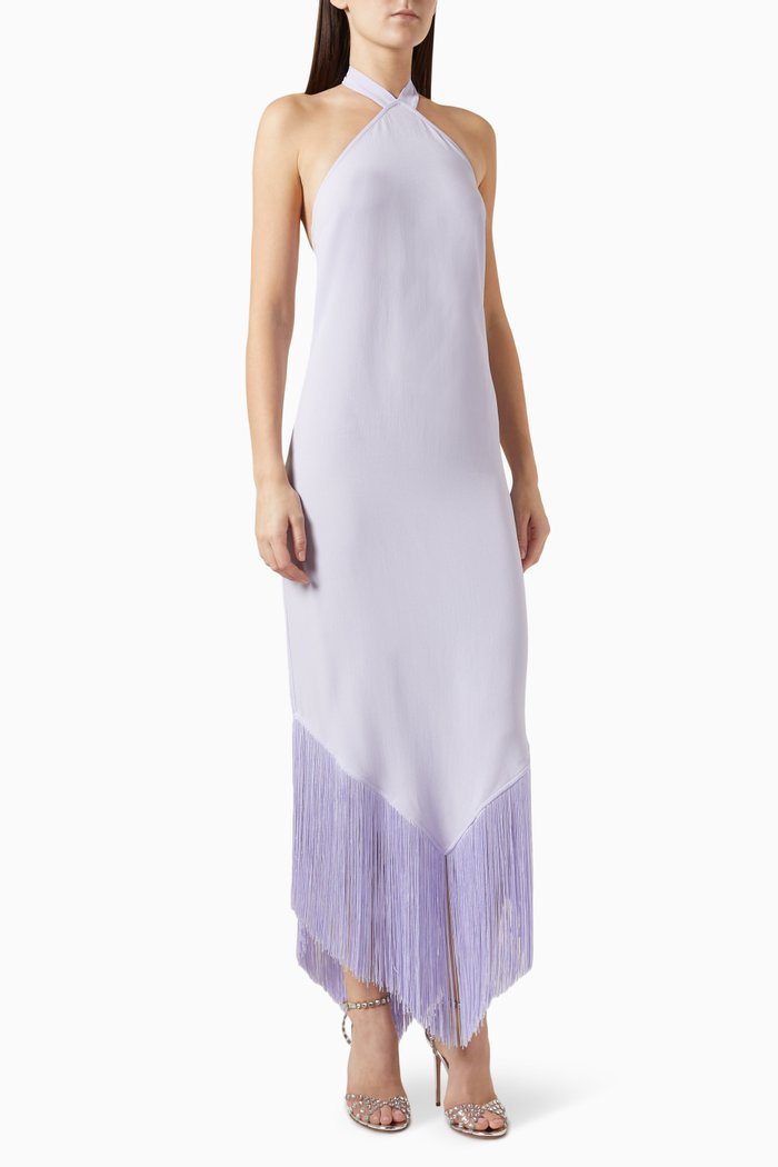 Nina Halterneck Fringe Dress in Crepe Cady, Purple