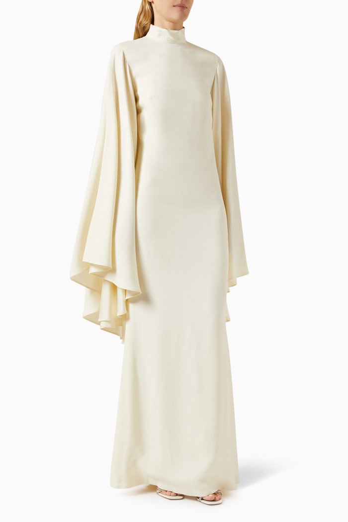

Mina Bell-sleeve Maxi Dress in Crepe Cady, Neutral