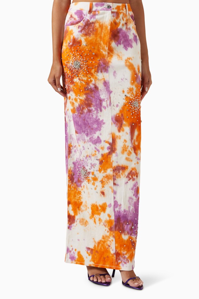 

Tie-dye Embellished Maxi Skirt in Denim, Multicolour