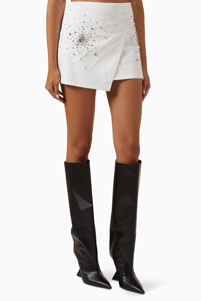 

Crystal-embellished Wrap Mini Skirt in Cotton-satin, White