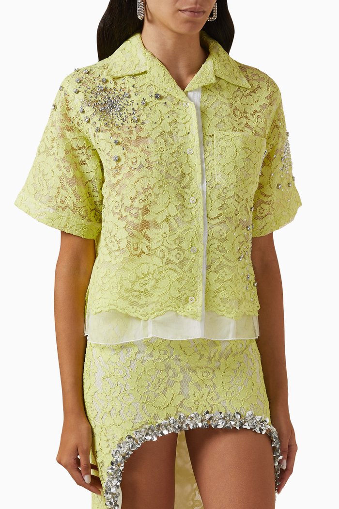 

Crystal-embellished Shirt in Lace, Green