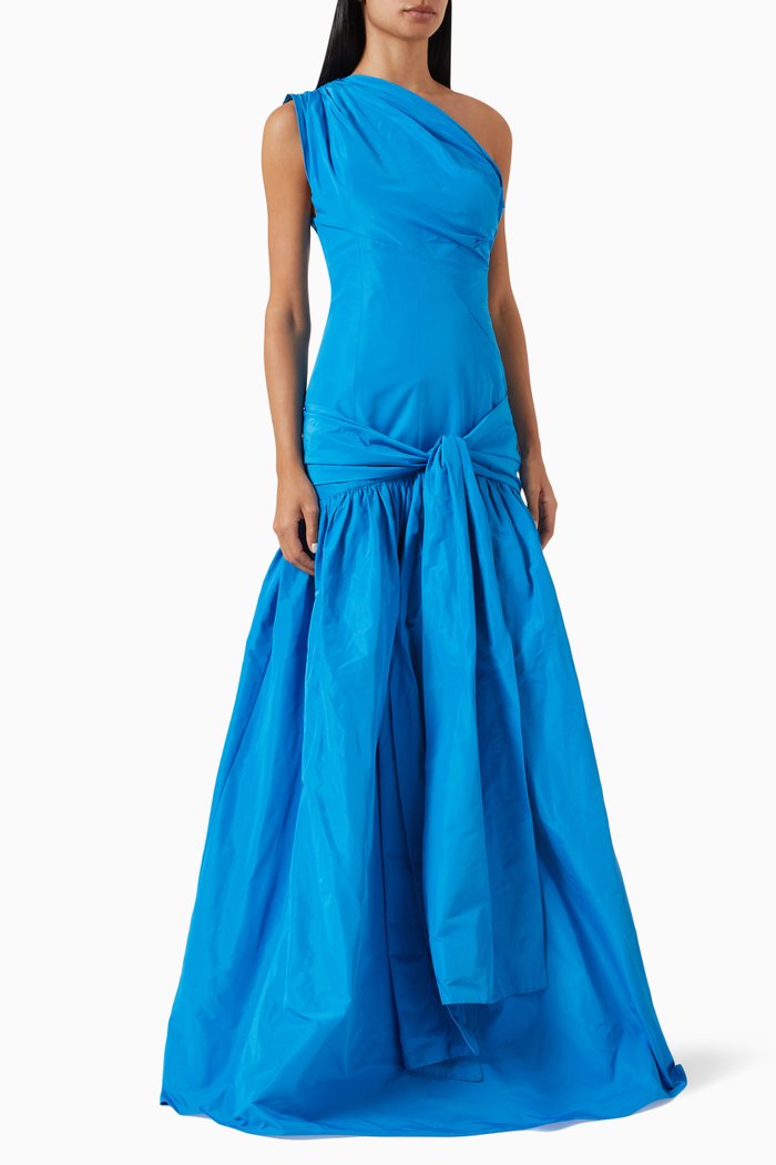 

One-Shoulder Maxi Dress in Taffeta, Blue