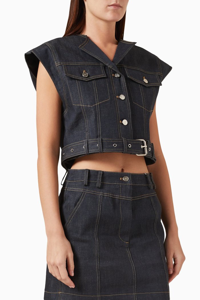 

Buttoned Collarless Cropped Jacket in Denim, Blue