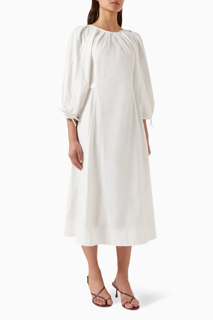 

Puff-sleeve Flared Midi Dress in Cotton, White