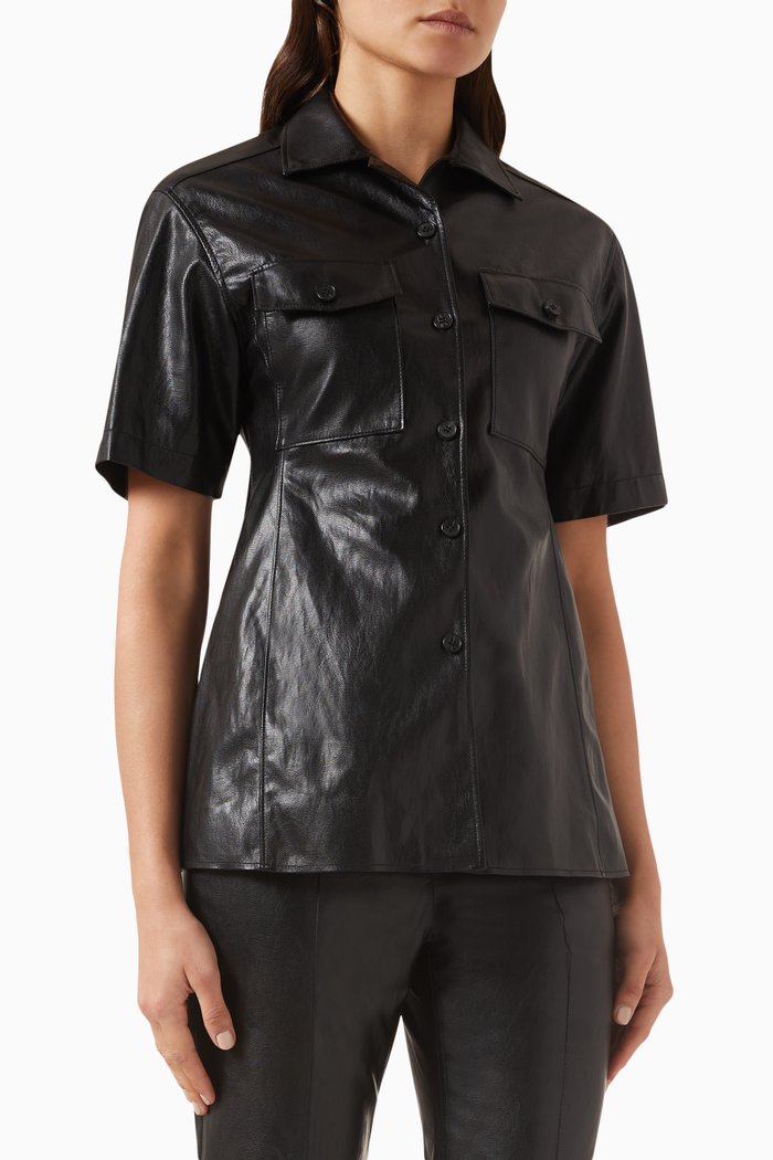 

Patch Pocket Shirt in Faux Leather, Black