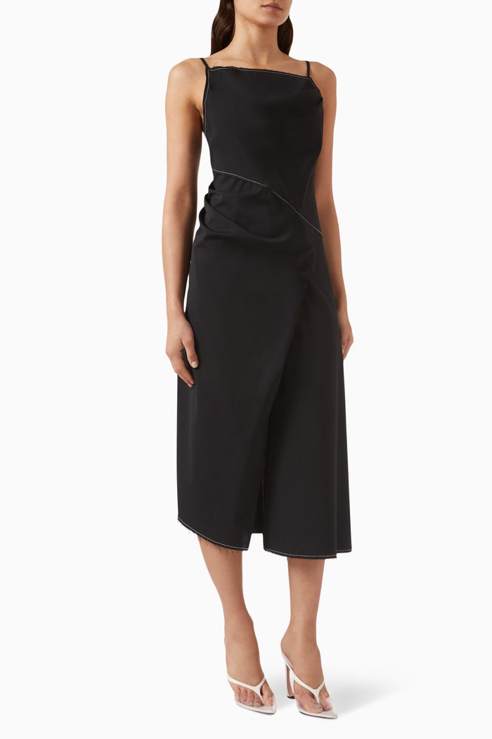 

Asymmetrical Slit Midi Dress in Wool, Black