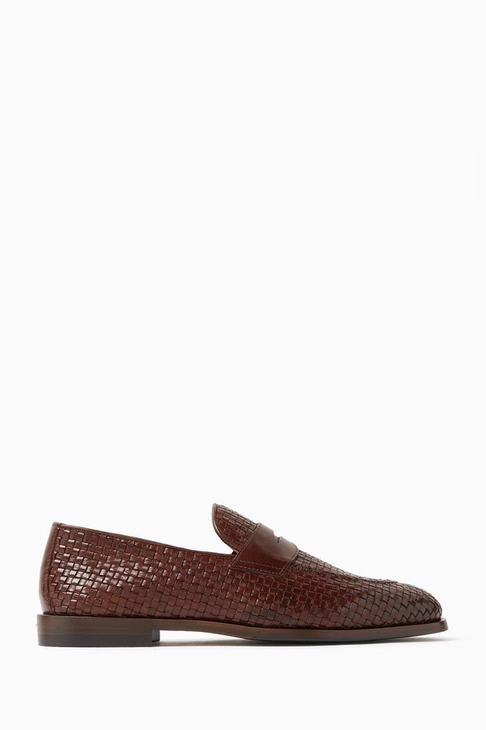 

Penny Loafers in Woven Calf Leather, Brown