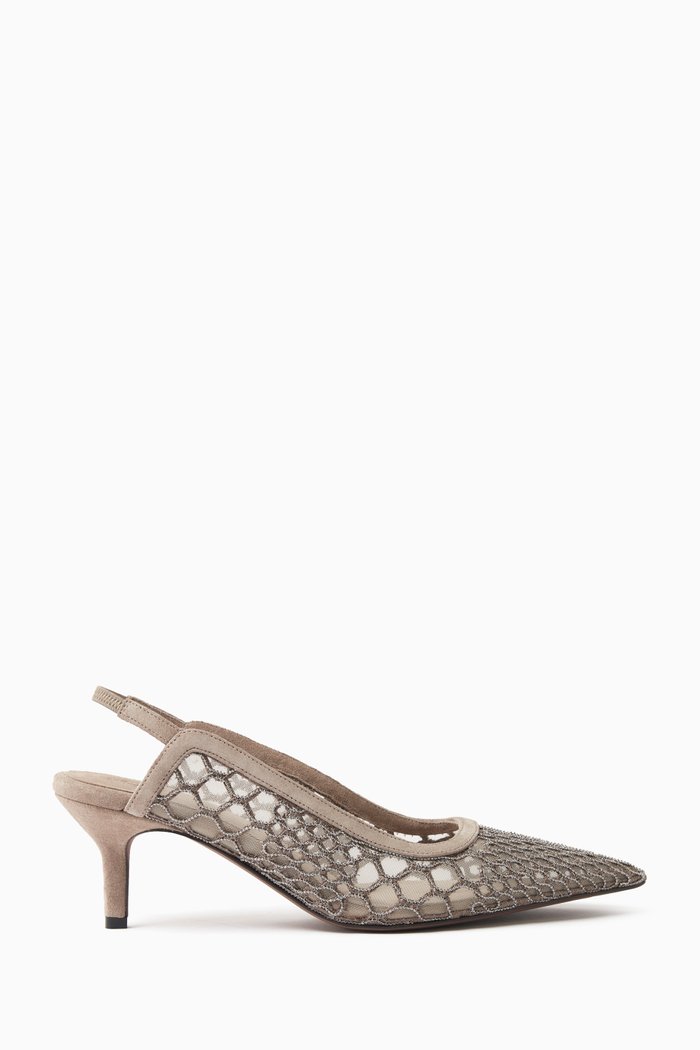 

City Heels Slingback Pumps in Suede & Net, Brown