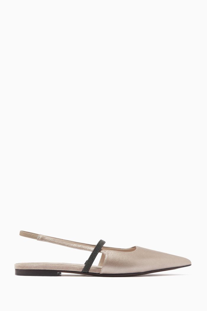 

Monili Strap Slingback Ballerina Flats in Metallic Leather, White