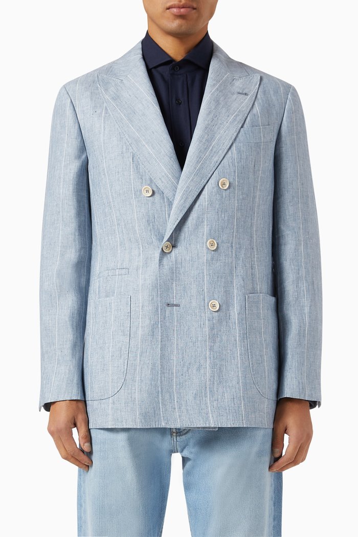 

Striped Jacket in Woven Linen, Blue