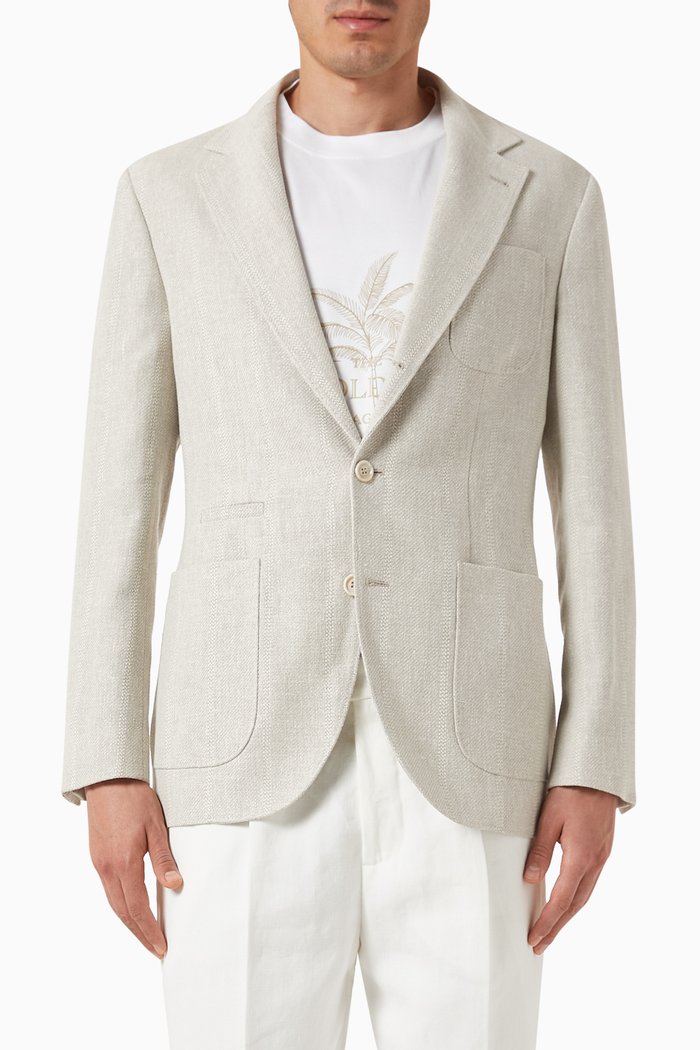 

Striped Pattern Jacket in Linen Blend, White