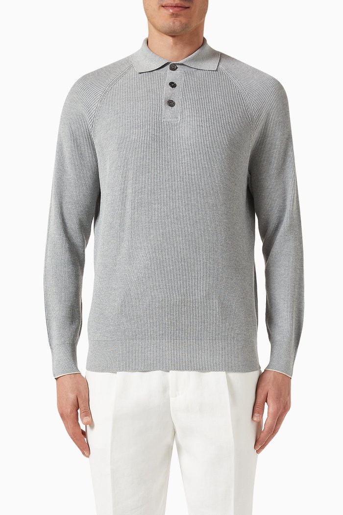 Polo Sweater in Cotton-knit, Grey
