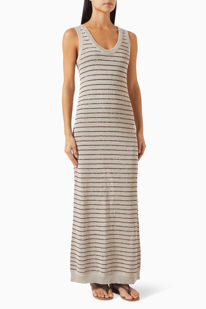 

Striped Maxi Dress in Cotton, Grey