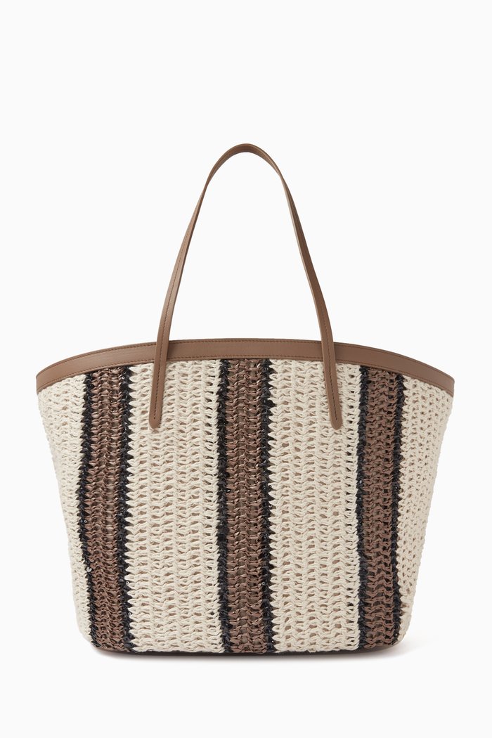 

Striped Tote Bag in Interwoven Fabric, White