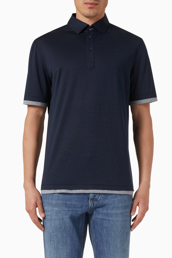 Contrast Trims Polo Shirt in Silk Blend, Blue