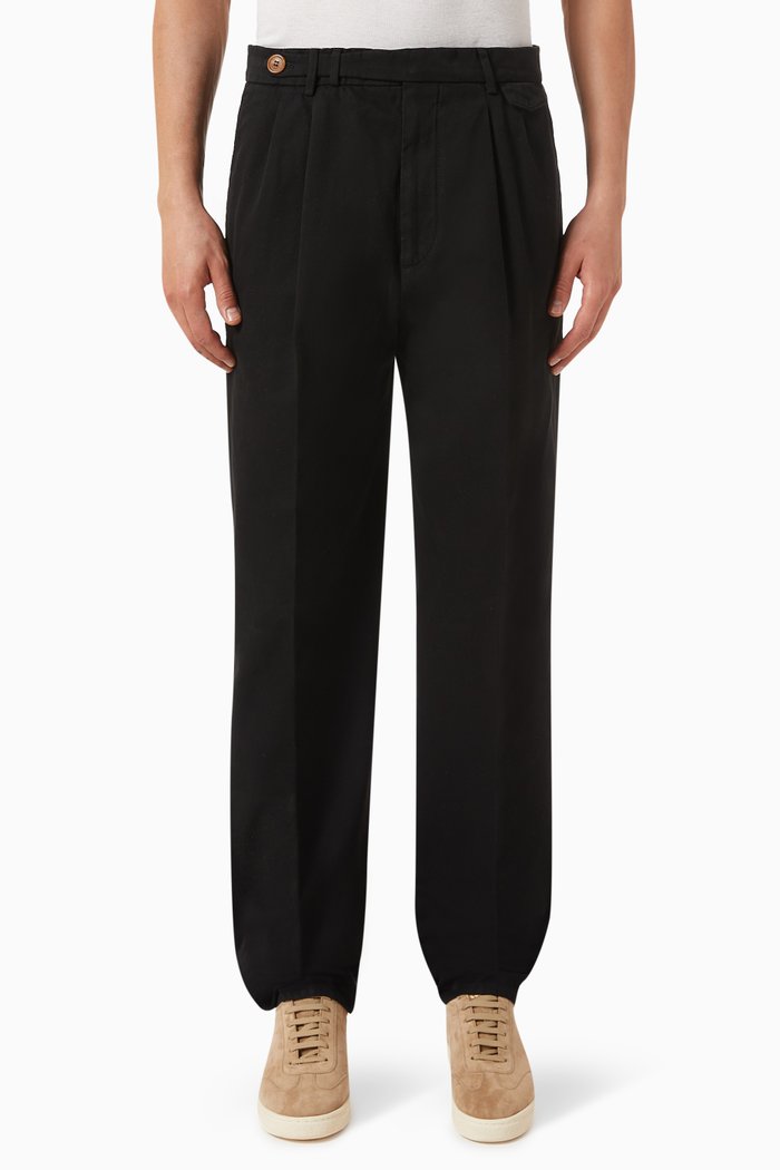 Pleated Chino Pants in Cotton, Black