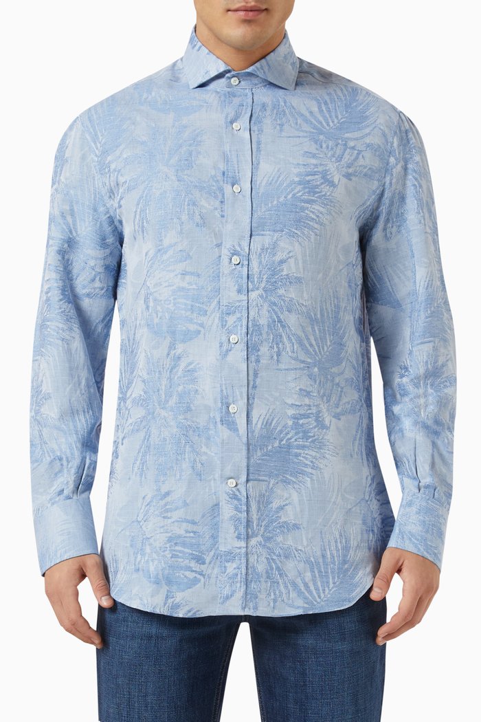 

Woven Palm Shirt in Cotton Blend, Blue
