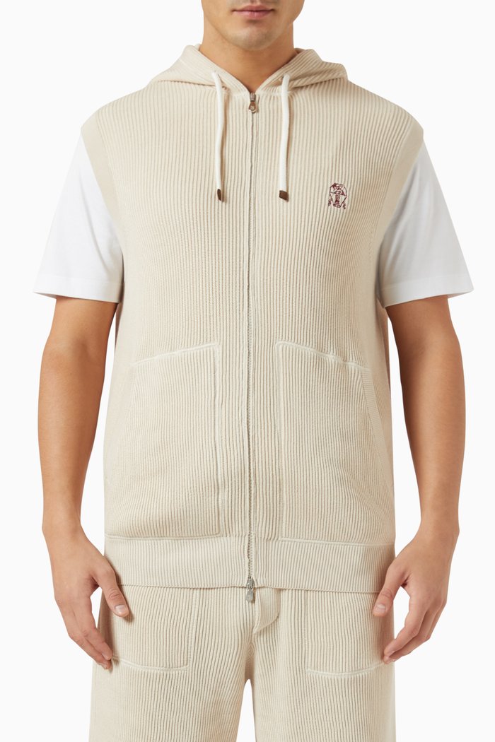 

Logo Embroidered Gilet in Rib-knit Cotton, Brown