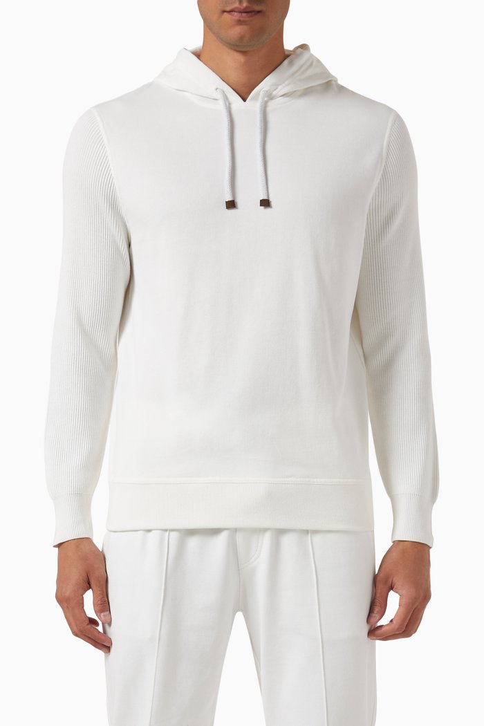 Ribbed Sleeve Hoodie in Cotton, White