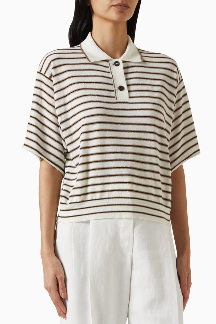 

Striped Cropped Polo Shirt in Virgin Wool, White